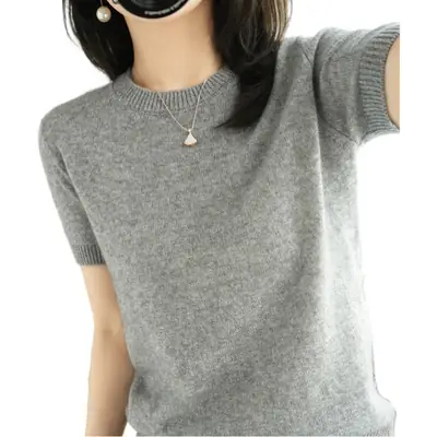 Women's Pink Knitted Pullover T-Shirt Round Neck Short Sleeve