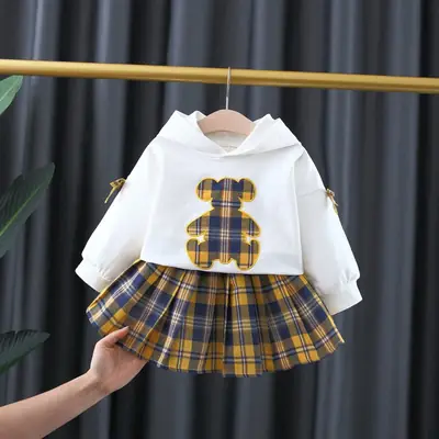 Girls Bear Plaid Hoodie & Skirt Set Spring Autumn