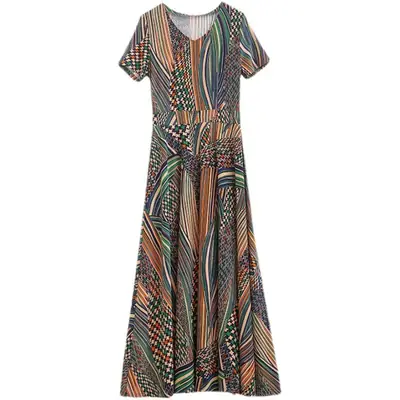 2021 Summer Long Ice Silk Dress Large Swing Elegant Over-the-Knee