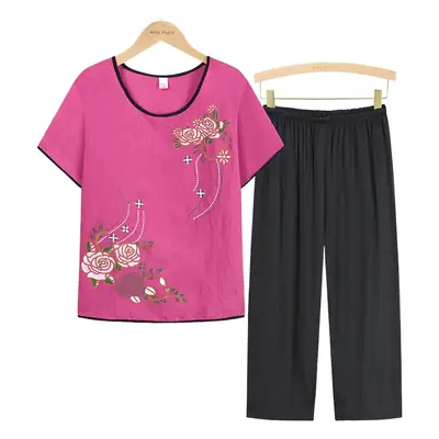 Pink Floral Cotton T-Shirt & Black Shorts Set for Women