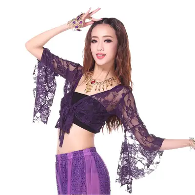 Blue Lace Crossbody Dance Top with Trumpet Sleeves