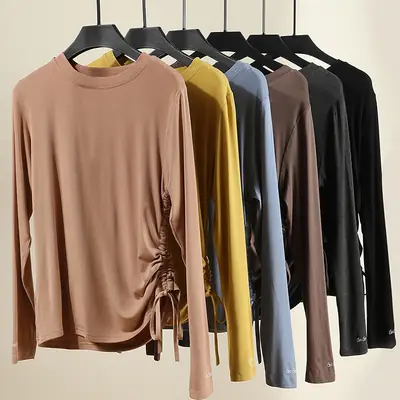 Women Long Sleeve Tie Front T-Shirt Beige