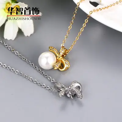 Japanese Bow Pearl Pendant Necklace Gold Zircon