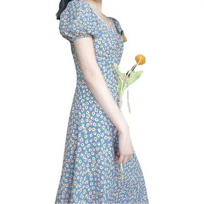 Pastoral Floral Dress V-Neck Puff Sleeve Blue