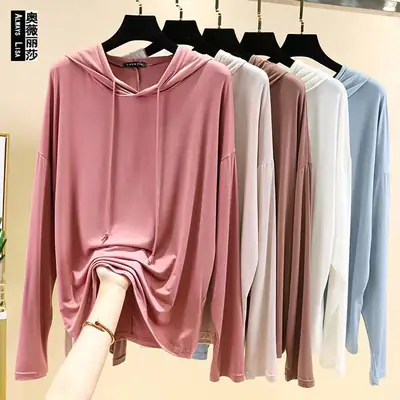 Black Hooded T-Shirt Women Spring Casual Large Loose Fit