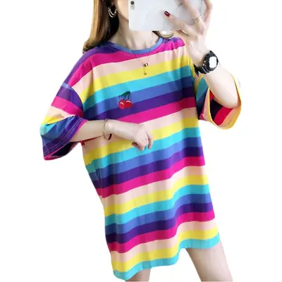Women Rainbow Striped Maternity T-Shirt 2023 Spring Summer Loose Short Sleeve