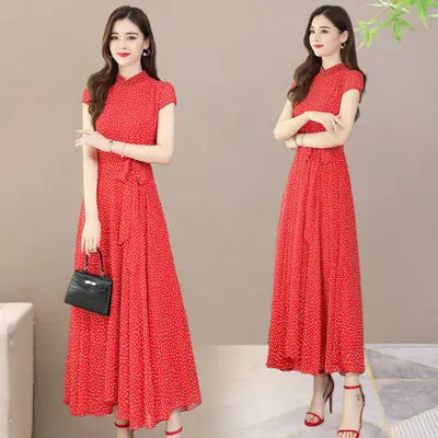 Women's Chiffon Polka Dot Summer Dress Large Hem