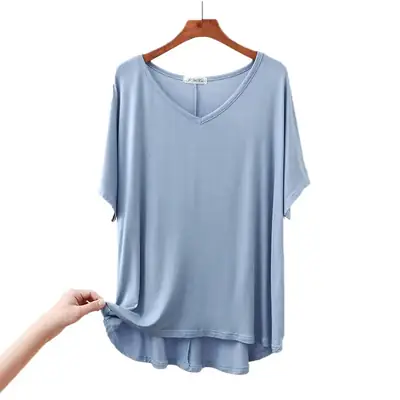 2023 Spring Bit Cotton Loose V-neck T-shirt Women Plus Size