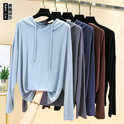 Women's Pink Hooded T-Shirt Long Sleeve Loose Fit