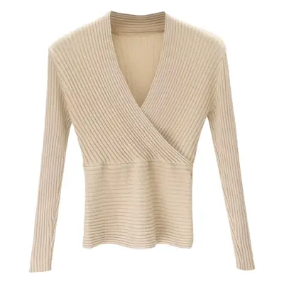 Red Knitted Long Sleeve V-Neck Sweater for Women
