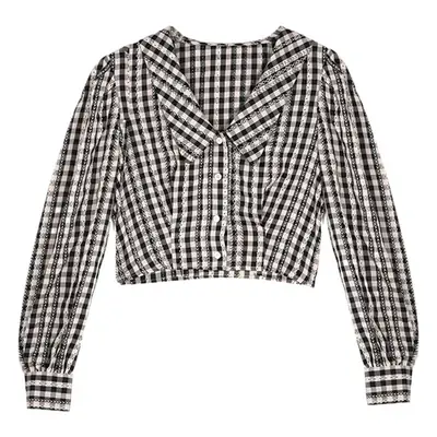 Women's Long Sleeve Plaid Collar Shirt Black White