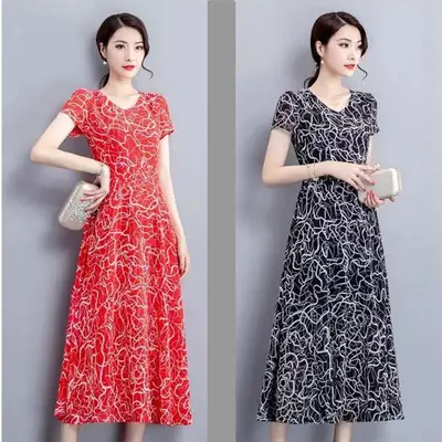 Red Printed A-Line Skirt Dress for Women