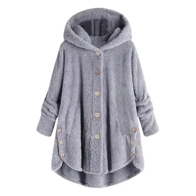 Women Button Plush Hooded Jacket Grey 2020 Winter