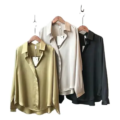 Women's V-Neck Silk Satin Shirt 2022 Autumn Loose Fit