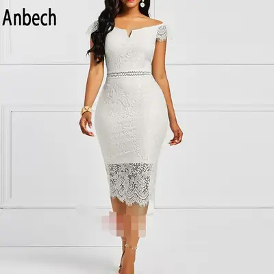 Black Lace Embroidered Hip Dress with V-Neck