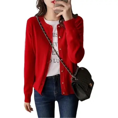 Women Knitted Cardigan Long Sleeve Brown 2024