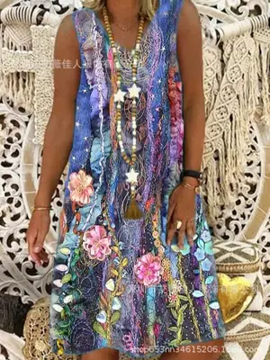 Women's Sleeveless V-Neck Floral Dress Large