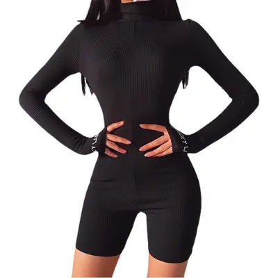 Women's Black High-Neck Slim Fit Fitness Jumpsuit 2021