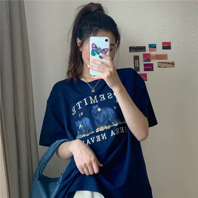Women Korean Short Sleeve T-Shirt Navy Mid Length Loose Fit
