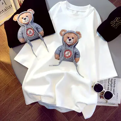 Women's 2022 Teddy Bear Print T-Shirt White Loose Fit