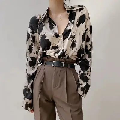 Leopard Print Long Sleeve Women's Shirt Brown Pants