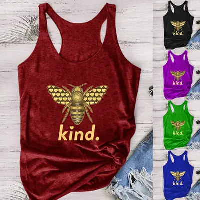 Women Sleeveless Bee Kind Yellow T-Shirt Vest