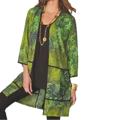 Women's Printed Blue Long Shirt Jacket with 3-QR Sleeve