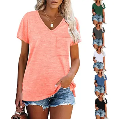 Women Black V-Neck T-Shirt with Flap Pocket