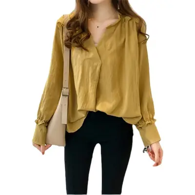 Korean-style Sweet Ruffled V-neck Long-sleeved Shirt