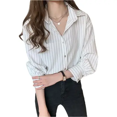 Women Vertical Stripe Long Sleeve Shirt Autumn Wear