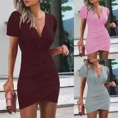 2024 Red V Neck Hip-Covering Slim Dress
