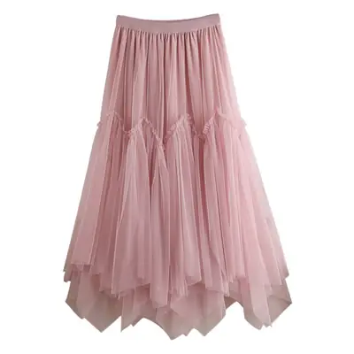 Pink Mesh Patchwork Skirt Women's Double Layer