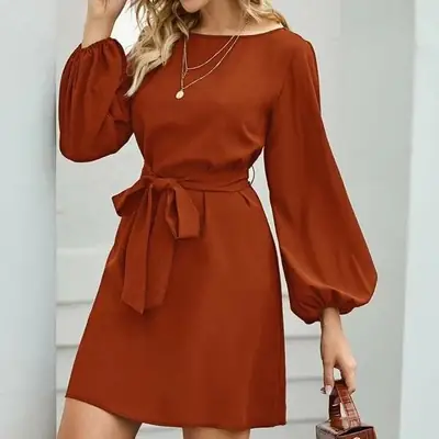 2021 Black Long Sleeve Belted Pullover Dress for Women