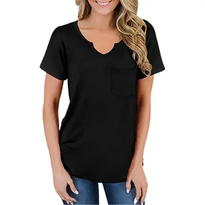2023 Women V-Neck Pocket T-Shirt Black Loose Spring Summer