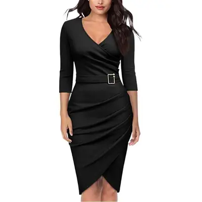 White 7-Sleeve V-Neck Office Dinner Party Dress for Women
