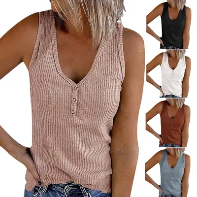 Women Button Vest Pure Color V Neck Sleeveless Top
