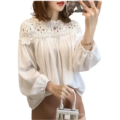 Women Crocheted Chiffon Long Sleeve Top Cream