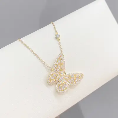 Cross-border Zircon Butterfly Necklace with Real Gold Clavicle Chain