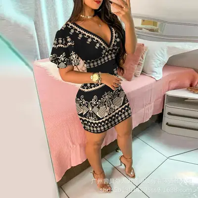 Black Printed Deep V Sheath Dress for Women