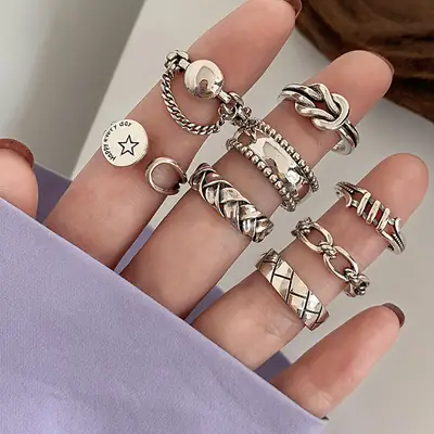 Heavy Industry Combination Index Finger Ring Women's Sterling Silver Fashion Personality Retro ins Cold Style Internet Celebrity Ring Niche