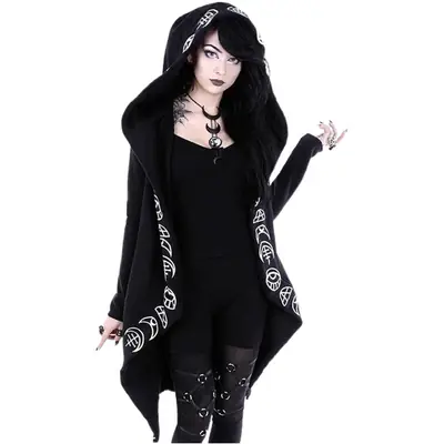 Women Punk Long Sleeve Black Cardigan Sweatshirt Moon Print 2021