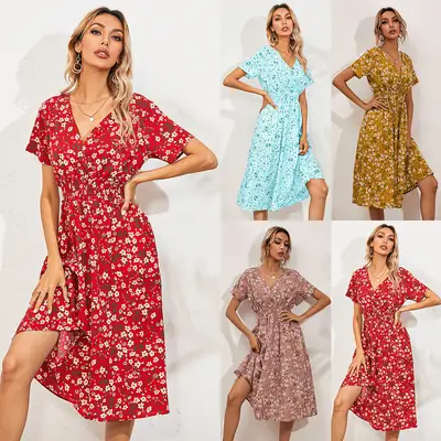 2024 Floral Printed Short Sleeve Dress for Women