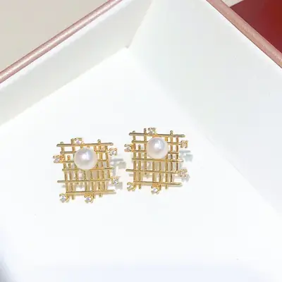 Korean Grid Pearl Earrings for Women