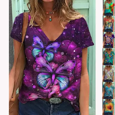 2021 Butterfly Print V Neck T-Shirt Women Purple
