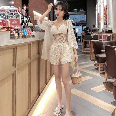 White Lace Camisole Bikini Set Women's 3-Piece
