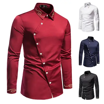 Men's Embroidered Long Sleeve Shirt Navy Blue Large