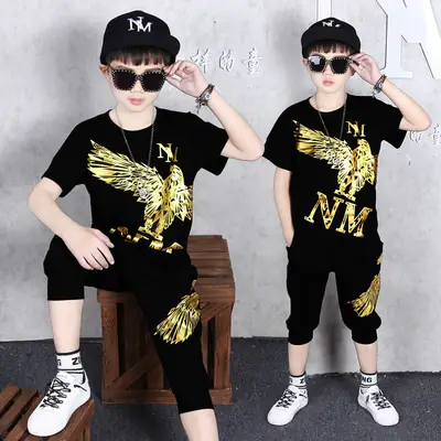 Boys 2Pc Black Gold Wing T-Shirt Shorts Set Summer Medium Big