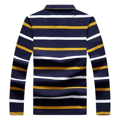 Men Striped Polo Shirt Navy Yellow Half Zipper 45cm