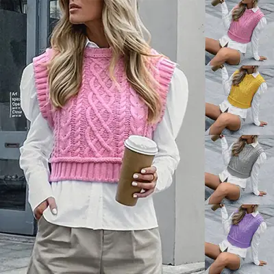 Women's Grey Knitted Sleeveless Vest Pullover Set