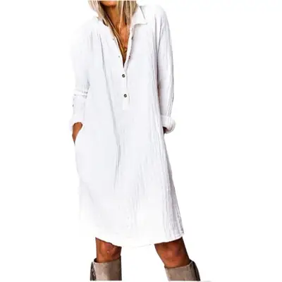 Women Cotton Long Sleeve Shirt Dress Navy Blue Large